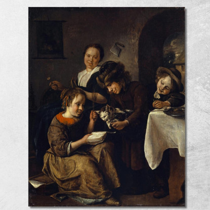 Bambini Che Insegnano A Un Gatto A Leggere Jan Steen jsn21 quadro stampato su tela