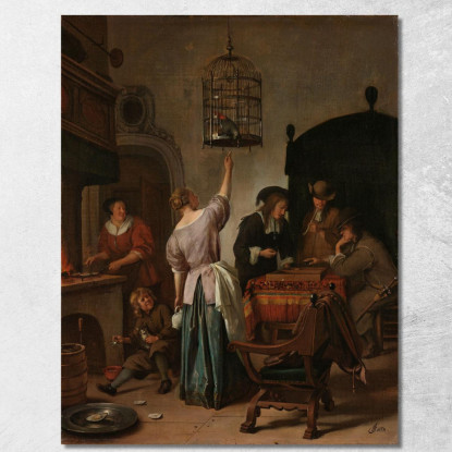 Interno Con Una Donna Che Dà Da Mangiare A Un Pappagallo Noto Come 'La Gabbia Del Pappagallo' Jan Steen jsn34 quadro stampato s