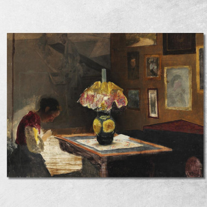 La Moglie Dell'Artista Sigrid Che Cuce Alla Luce Della Lampada. Karrebæksminde Laurits Andersen Ring lar23 quadro stampato su