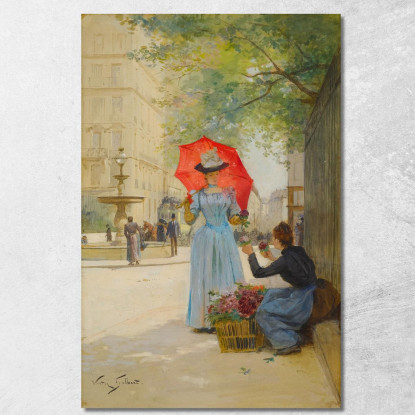 Giovane Donna Con L'Ombrello Che Acquista Fiori Victor Gabriel Gilbert vgg13 quadro stampato su tela