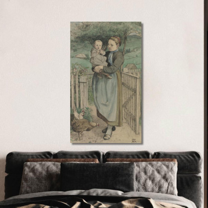 Ragazza Contadina Con Un Bambino In Braccio In Piedi Vicino A Una Staccionata Di Legno Hans Thoma hth14 quadro stampato su tela
