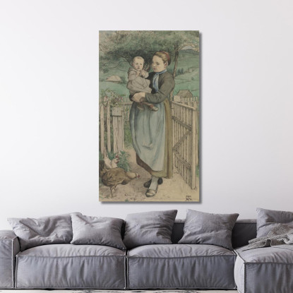 Ragazza Contadina Con Un Bambino In Braccio In Piedi Vicino A Una Staccionata Di Legno Hans Thoma hth14 quadro stampato su tela