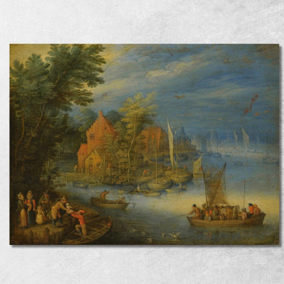 Una Città Sulle Rive Di Un Ampio Fiume Con Un Traghetto Carico Che Si Avvicina Alla Riva In Primo Piano Jan Brueghel the Younge