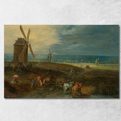 Ampio Paesaggio Con Viaggiatori Davanti A Un Mulino A Vento Jan Brueghel the Younger jby15 quadro stampato su tela