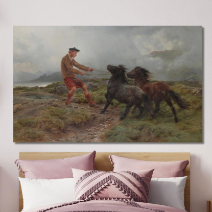 Un Guardacaccia E Due Pony Shetland In Un Paesaggio Nebbioso Rosa Bonheur rbn2 quadro stampato su tela
