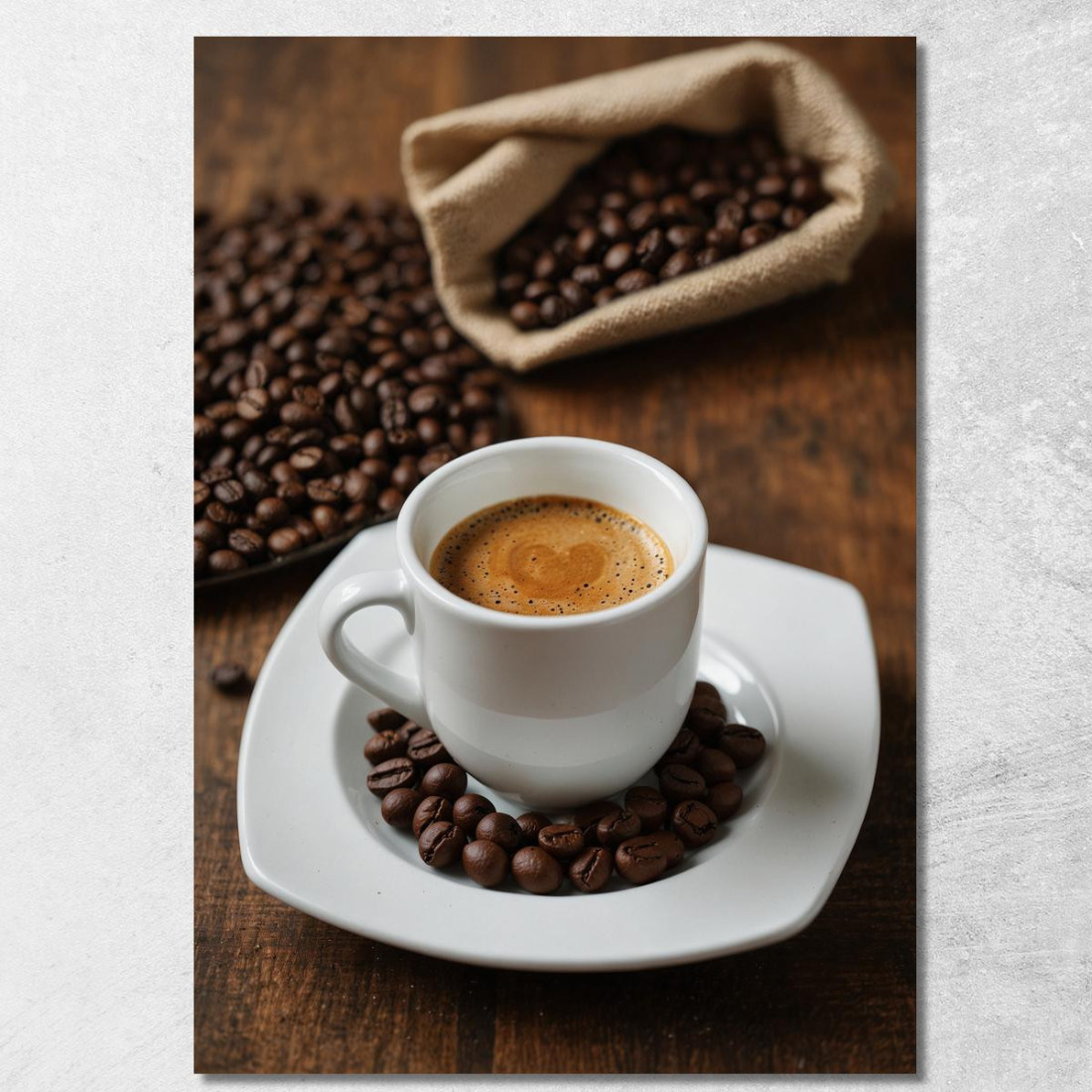 Quadro Moderno Tazza Di Espresso Con Chicchi Di Caffè Su Tavola Di Legno quadro stampato su tela