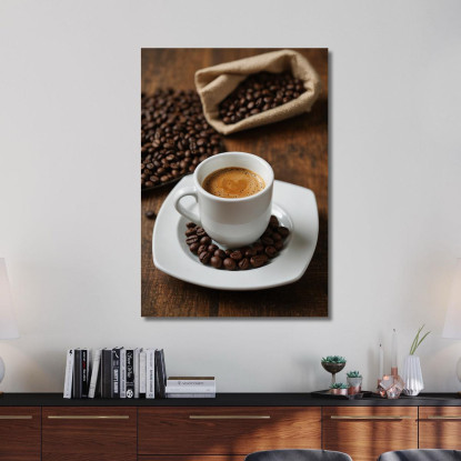 Modernes Gemälde Espressotasse Mit Kaffeebohnen Auf Holztisch drucken auf leinwand