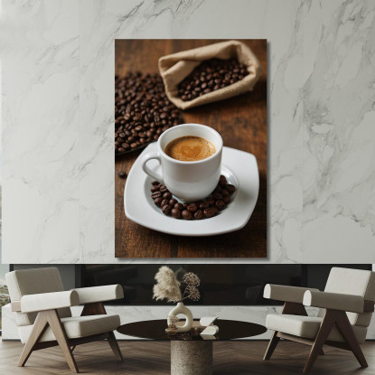 Pintura Moderna Taza De Café Expreso Con Granos De Café Sobre Mesa De Madera cuadro en lienzo
