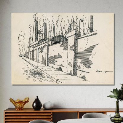 Fabbrica Senza Titolo Con Ciminiere Fumanti Dietro Il Muro Karl Wiener kwn500 quadro stampato su tela