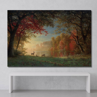 Cervo Indiano Al Tramonto Vicino A Un Lago Albert Bierstadt abr38 quadro stampato su tela