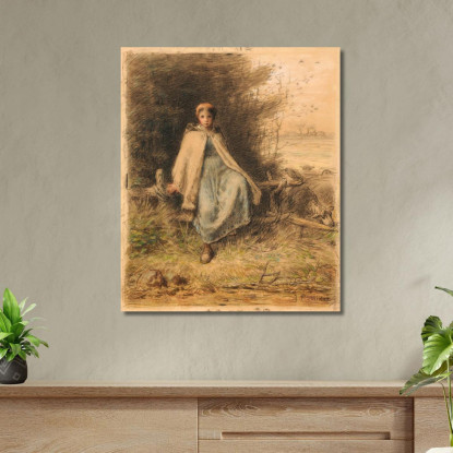 Giovane Pastorella Seduta Su Un Recinto Jean-François Millet jfm24 quadro stampato su tela