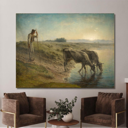 Contadino Che Abbevera Le Sue Mucche Sulla Riva Del Fiume Allier Al Tramonto Jean-François Millet jfm44 quadro stampato su tela