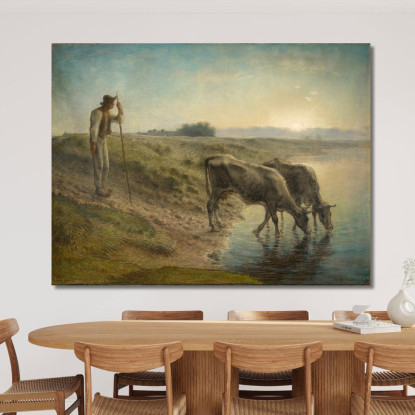 Contadino Che Abbevera Le Sue Mucche Sulla Riva Del Fiume Allier Al Tramonto Jean-François Millet jfm44 quadro stampato su tela