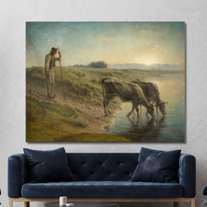 Contadino Che Abbevera Le Sue Mucche Sulla Riva Del Fiume Allier Al Tramonto Jean-François Millet jfm44 quadro stampato su tela
