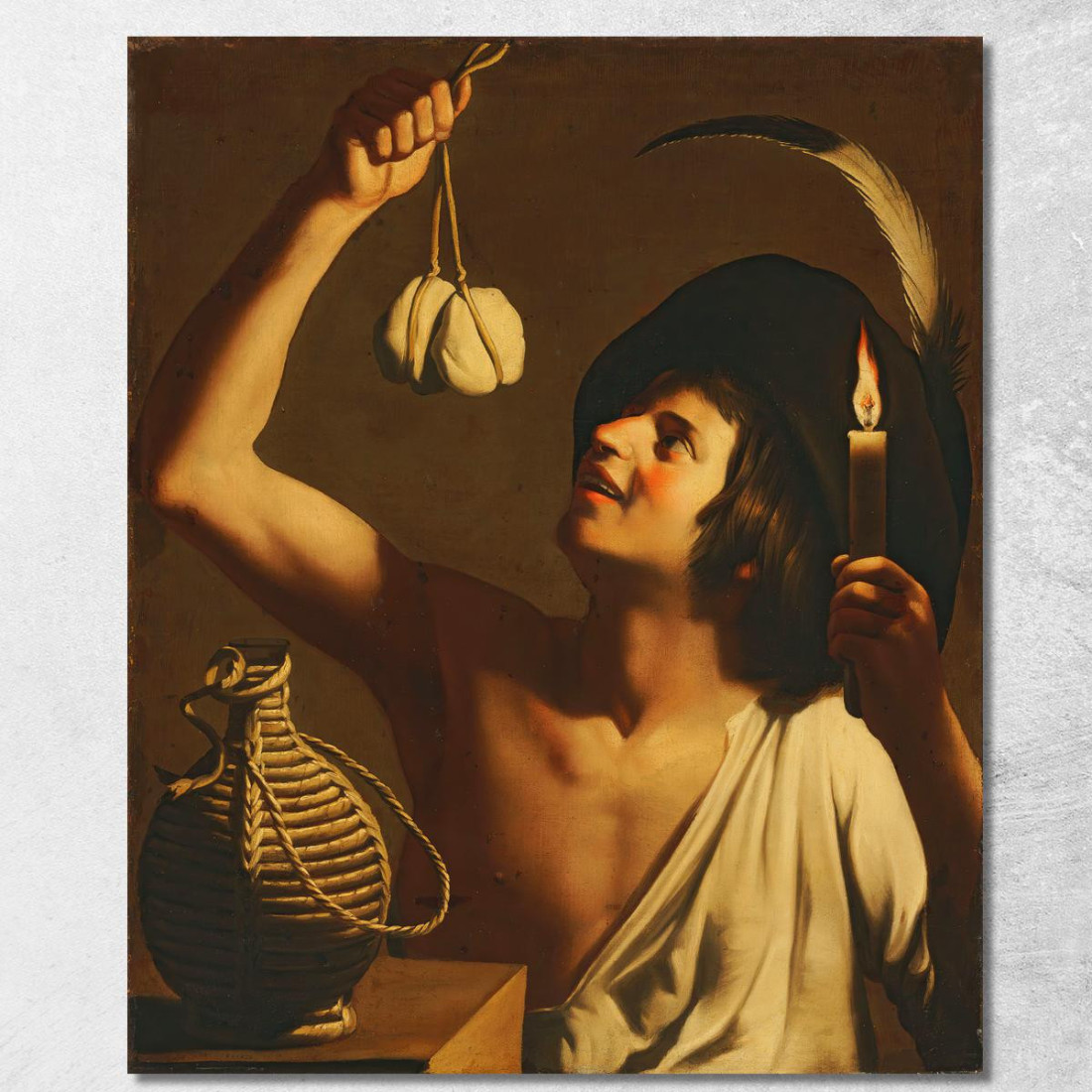 Un Joven Sosteniendo Una Vela Encendida Y Un Queso Scamorza, Una Botella De Fiasco A Su Lado Gerard van Honthorst cuadro en lien