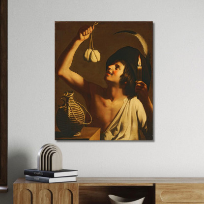 Un Joven Sosteniendo Una Vela Encendida Y Un Queso Scamorza, Una Botella De Fiasco A Su Lado Gerard van Honthorst cuadro en lien