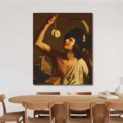 Un Joven Sosteniendo Una Vela Encendida Y Un Queso Scamorza, Una Botella De Fiasco A Su Lado Gerard van Honthorst cuadro en lien