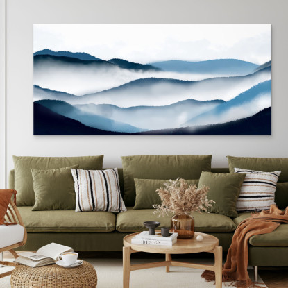 Quadro Paesaggio Astratto Arte Paesaggio Montuoso Blu Con Nebbia E Colline abl13 quadro stampato su tela
