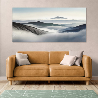 Quadro Paesaggio Astratto Montagne Nebbiose Con Vette Blu E Vallate abl22 quadro stampato su tela