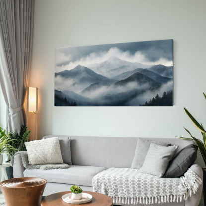 Quadro Paesaggio Astratto Paesaggio Montuoso Nebbioso Con Vette Grigie E Foresta abl36 quadro stampato su tela