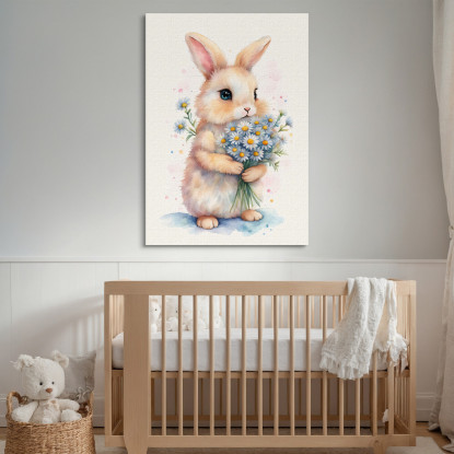 Quadro Per Cameretta Bimbo Dolce Coniglietto Con Fiori Bianchi bana7 quadro stampato su tela