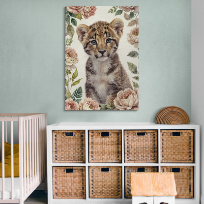 Quadro Per Nursery Decorazione Per Bambino Dolce Cucciolo Di Leopardo Con Fiori bana12 quadro stampato su tela