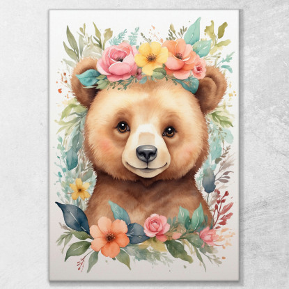 Quadro Decorativo Per Cameretta Bimba Orsetto Con Ghirlanda Di Fiori Colorati bana15 quadro stampato su tela