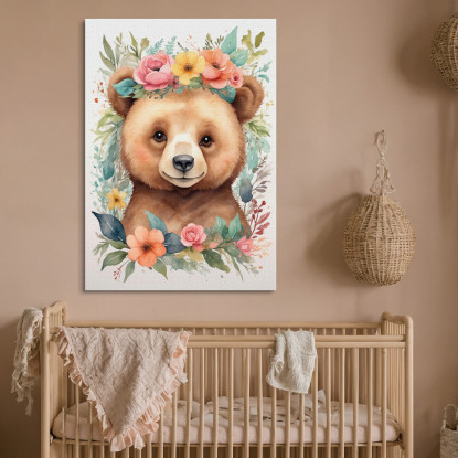 Quadro Decorativo Per Cameretta Bimba Orsetto Con Ghirlanda Di Fiori Colorati bana15 quadro stampato su tela