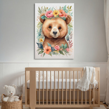 Quadro Decorativo Per Cameretta Bimba Orsetto Con Ghirlanda Di Fiori Colorati bana15 quadro stampato su tela