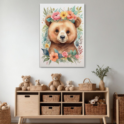 Quadro Decorativo Per Cameretta Bimba Orsetto Con Ghirlanda Di Fiori Colorati bana15 quadro stampato su tela