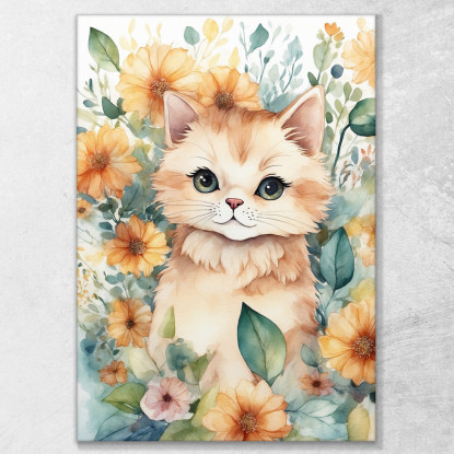 Decorazione Per Nursery Quadro Per Bimba Gattino Floreale Di Fiori Colorati bana18 quadro stampato su tela