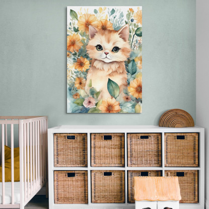 Decorazione Per Nursery Quadro Per Bimba Gattino Floreale Di Fiori Colorati bana18 quadro stampato su tela