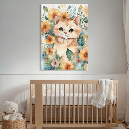 Decorazione Per Nursery Quadro Per Bimba Gattino Floreale Di Fiori Colorati bana18 quadro stampato su tela