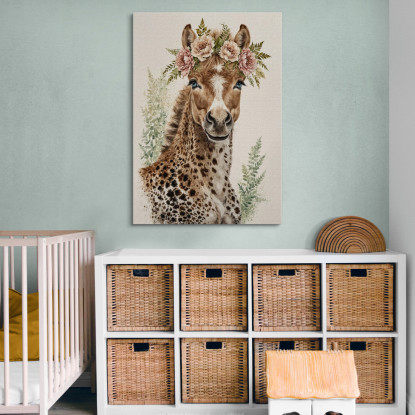 Quadro Per Cameretta Bambino Giraffina Con Fiori Rosa bana34 quadro stampato su tela