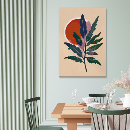 Quadro Boho Chic Minimal Illustrazione Astratta Foglie Verdi Con Sole Arancione bho7 quadro stampato su tela