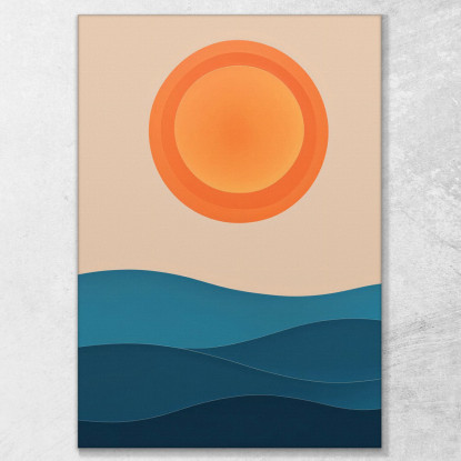 Quadro Boho Chic Minimal Onde Blu Sotto Un Sole Arancione bho21 quadro stampato su tela