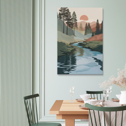 Quadro Boho Chic Minimal Paesaggio Naturale Con Fiume Pini E Montagne bho25 quadro stampato su tela