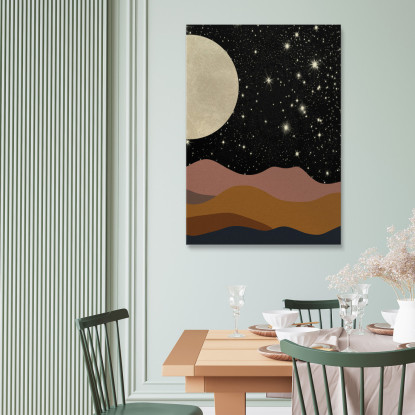 Quadro Boho Chic Minimal Paesaggio Notturno Con Luna E Stelle bho26 quadro stampato su tela