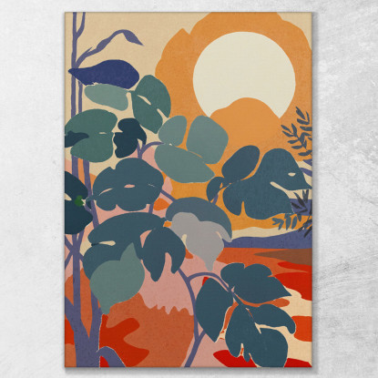 Quadro Boho Chic Minimal Paesaggio Tropicale Con Foglie Verdi E Sole Arancione bho27 quadro stampato su tela