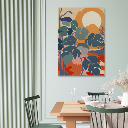 Quadro Boho Chic Minimal Paesaggio Tropicale Con Foglie Verdi E Sole Arancione bho27 quadro stampato su tela