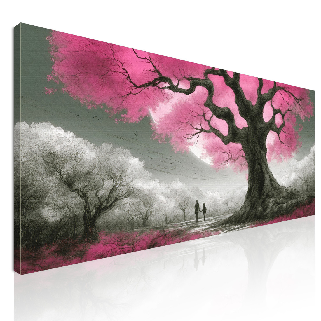 Quadro Botanico Albero Con Fiori Rosa E Coppia Al Tramonto bow1 quadro stampato su tela