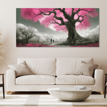 Quadro Botanico Albero Con Fiori Rosa E Coppia Al Tramonto bow1 quadro stampato su tela
