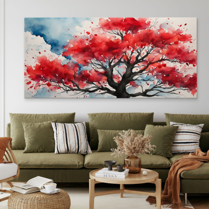 Quadro Botanico Albero Rosso Con Sfondo Acquerello Astratto bow4 quadro stampato su tela