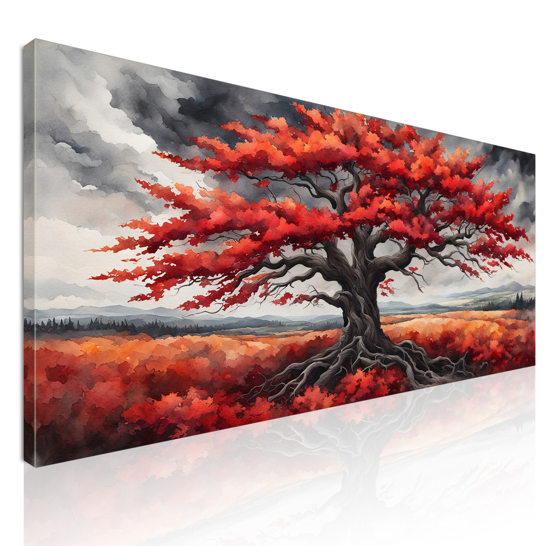 Quadro Botanico Grande Albero Con Foglie Rosse Su Sfondo Di Cielo Grigio bow18 quadro stampato su tela