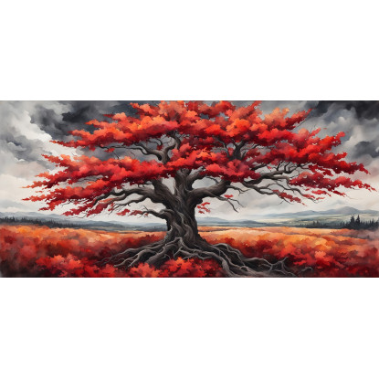 Quadro Botanico Grande Albero Con Foglie Rosse Su Sfondo Di Cielo Grigio bow18 quadro stampato su tela