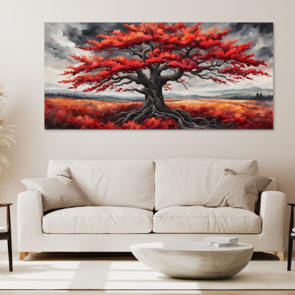 Quadro Botanico Grande Albero Con Foglie Rosse Su Sfondo Di Cielo Grigio bow18 quadro stampato su tela