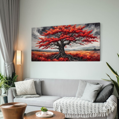Quadro Botanico Grande Albero Con Foglie Rosse Su Sfondo Di Cielo Grigio bow18 quadro stampato su tela