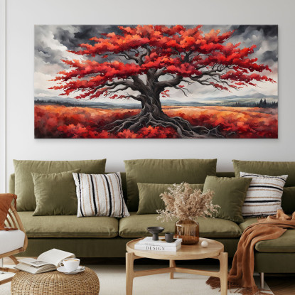 Quadro Botanico Grande Albero Con Foglie Rosse Su Sfondo Di Cielo Grigio bow18 quadro stampato su tela