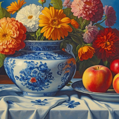 Quadro Botanico Natura Morta Con Fiori Colorati E Mele In Vaso Di Porcellana bow20 quadro stampato su tela
