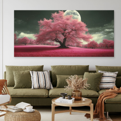 Quadro Botanico Paesaggio Notturno Con Alberi Rosa E Luna Piena Fantasy bow29 quadro stampato su tela